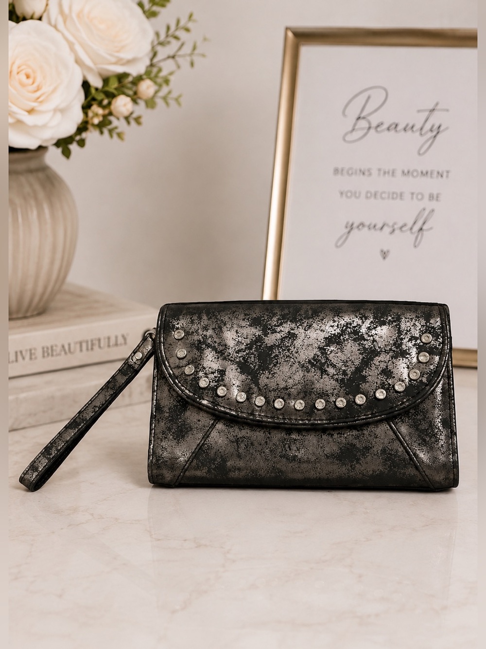 Metallic Silver Black Studded Wristlet Clutch Wallet Organizer